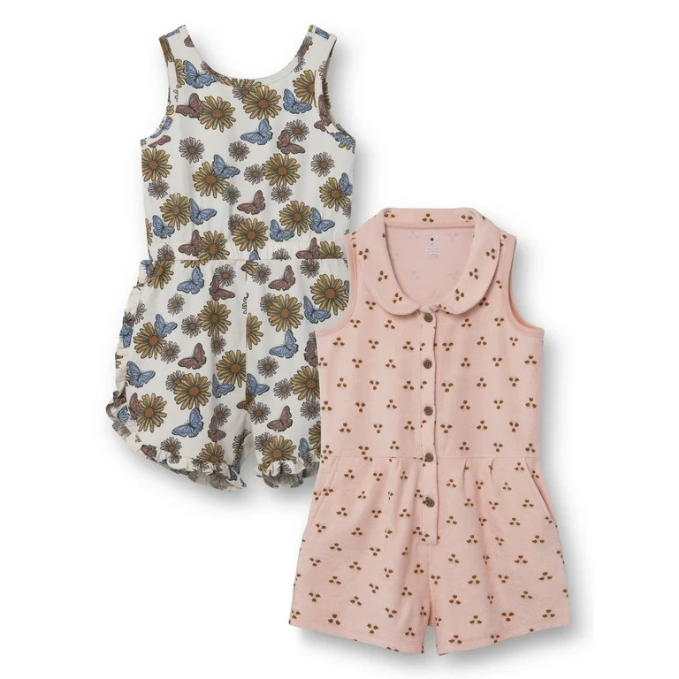 Little Star Organic Girls’ Floral Print Rompers, 2-Pack, Sizes 6-10 | Walmart (US)