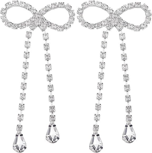 Rhinestones Bow Drop Pearl Earrings for Women Girls Cute Pearl Dangle Long Tassel Bow Silver Earr... | Amazon (US)