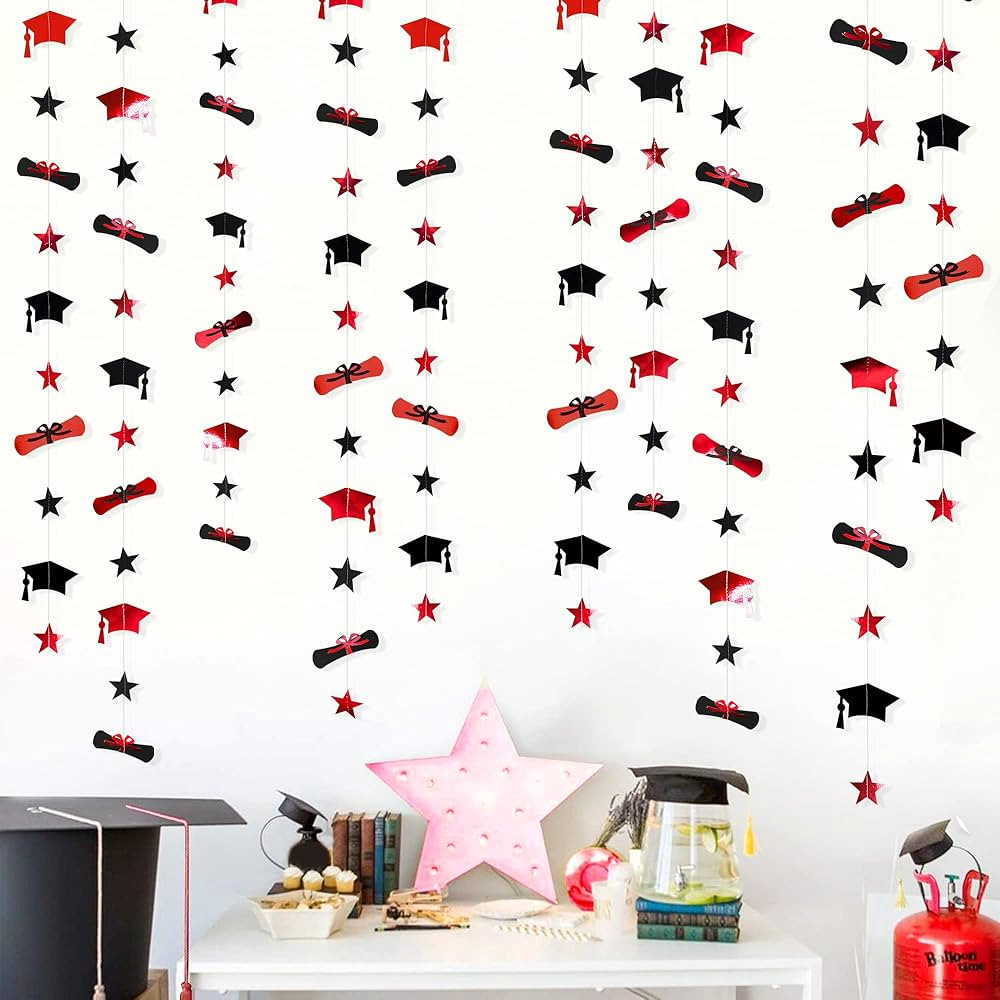 Pinkblume Red Black Graduation Hat Diploma Star Garland Banner (4 Sets of 13ft, 52ft Total) for G... | Amazon (US)
