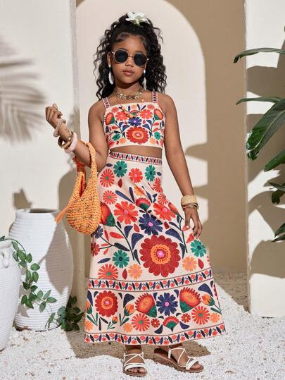 Tween Girl Ditsy Floral Camisole And Mini Skirt Outfit, Vacation Casual | SHEIN