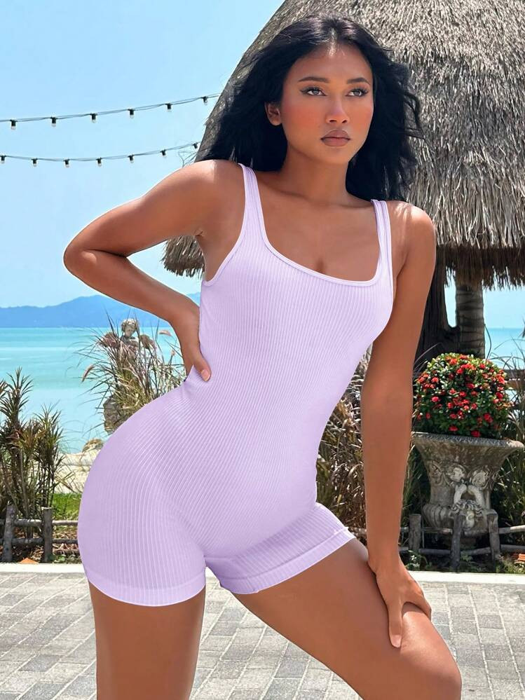 SHEIN Yoga Basic Solid Ribbed Knit Sports Romper | SHEIN