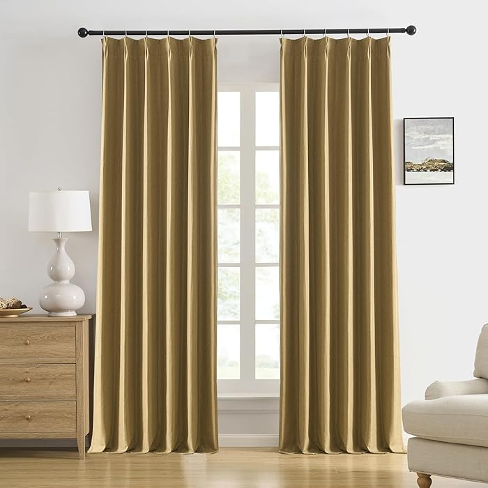 DUALIFE Gold Tan Pinch Pleated Blackout Curtains 132 Inches Long, Back Tab with Hooks, Linen Full... | Amazon (US)