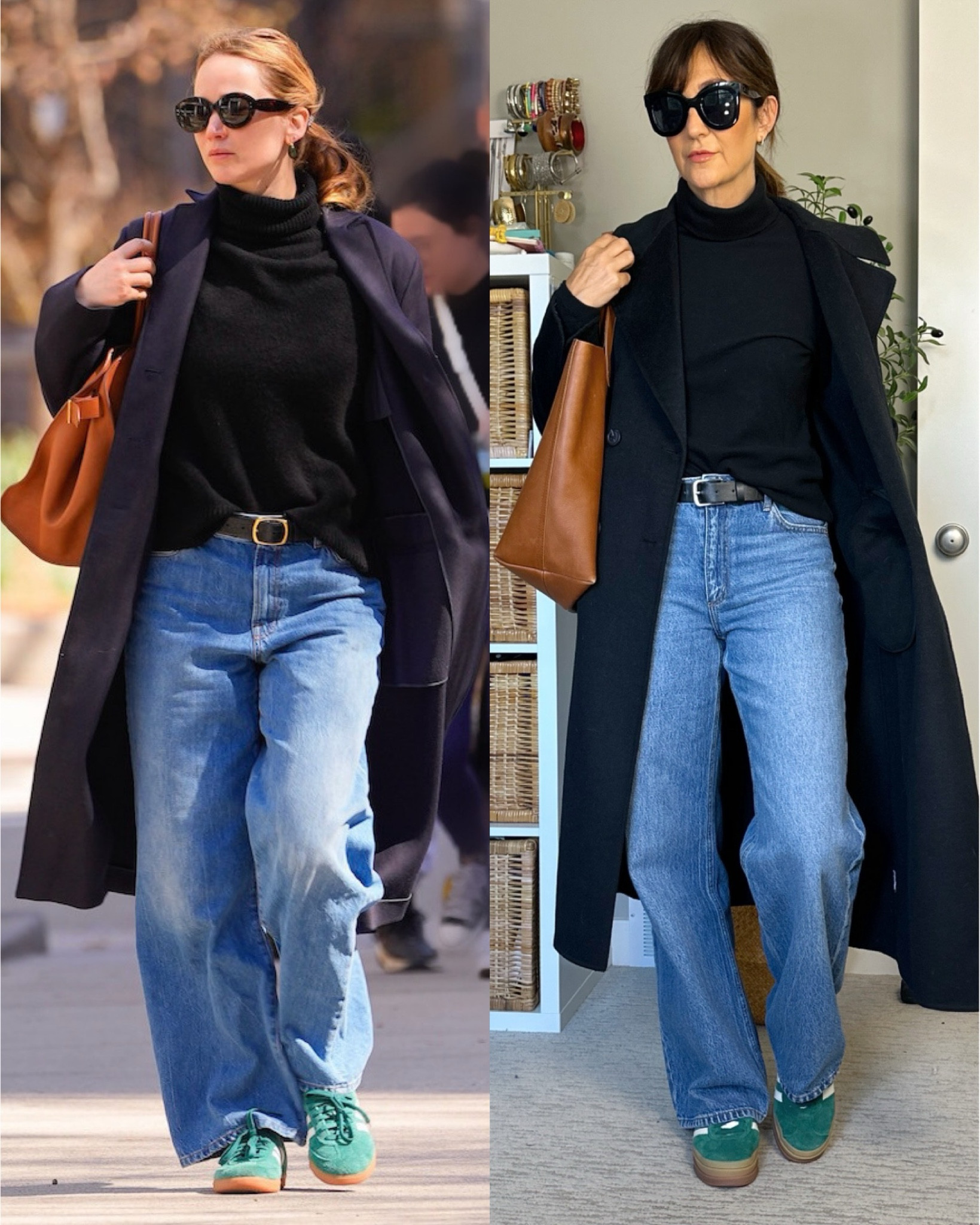 Pinterest inspired fall outfit! This is such a simple combo but the accessories make it unique!
I’m 5’ 7” size 4ish wearing my usual size 27 in the jeans and S in the turtleneck and wool coat (mine is older but I linked similar).
The leather tote bag is such a classic, I’ve had mine a few years and love it.
Adidas sneakers come in lots of color options, in women’s sizes I go down 1/2 size in men’s sizes I go down 1.5 sizes. 
The outfit from the beginning of the video is from Spanx, use code CBSTYLEDXSPANX for 15% off!


#LTKItBag #LTKStyleTip #LTKShoeCrush