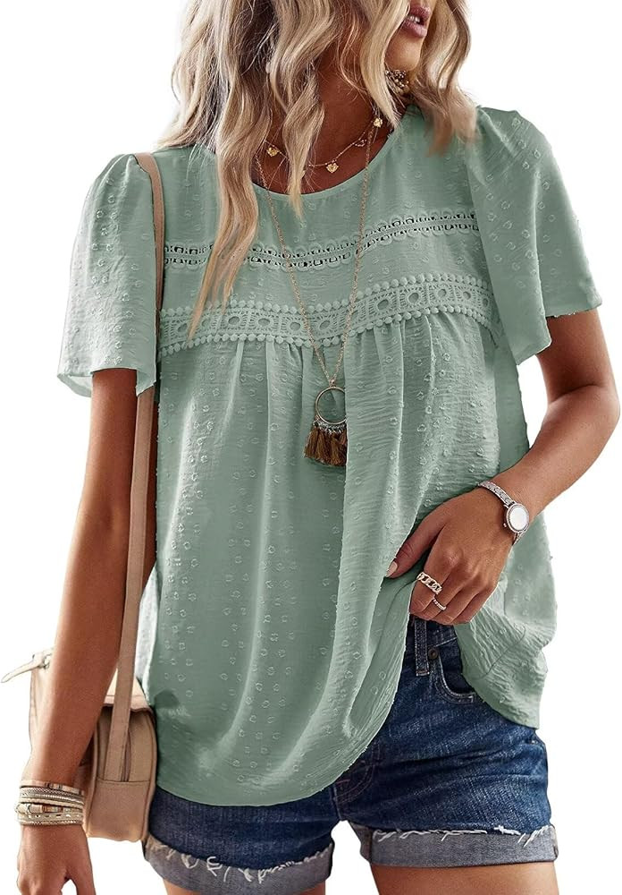 Falechay Womens Summer Tops Crewneck Short Sleeve Shirts Casual Chiffon Blouses Flowy Lace Hem Bo... | Amazon (US)