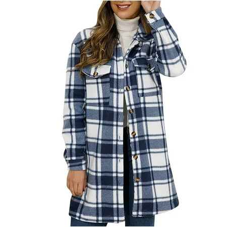 Blue Women Shacket Jacket Plaid Long Sleeve Shirt Lapel Single Breasted Cardigan Shirt Coat Long Sle | Walmart (US)
