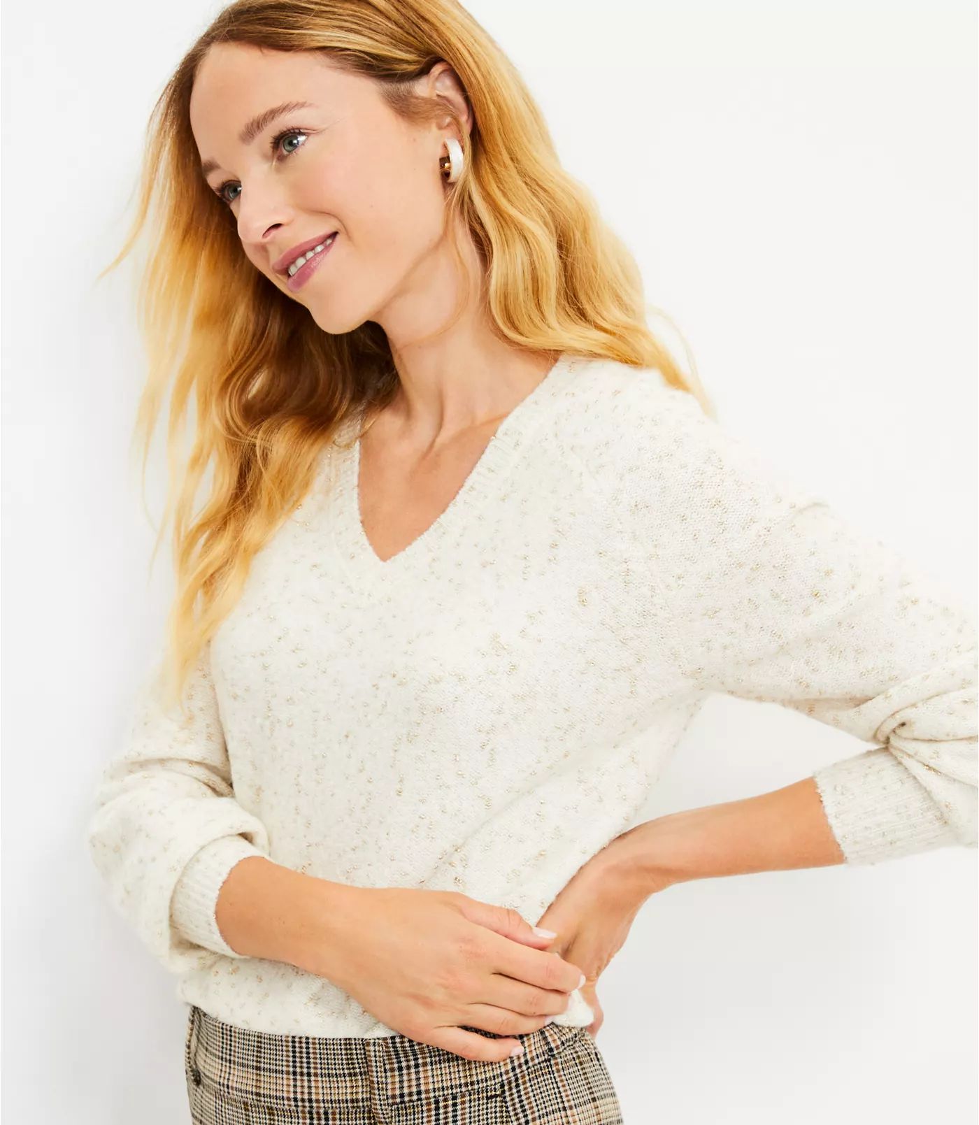 Shimmer Stitch V-Neck Sweater | LOFT