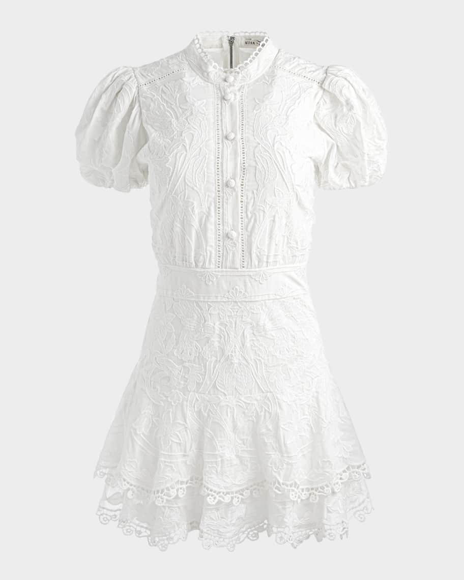 ALICE + OLIVIA Loryn Embroidered Puff-Sleeve Shirtdress | Neiman Marcus