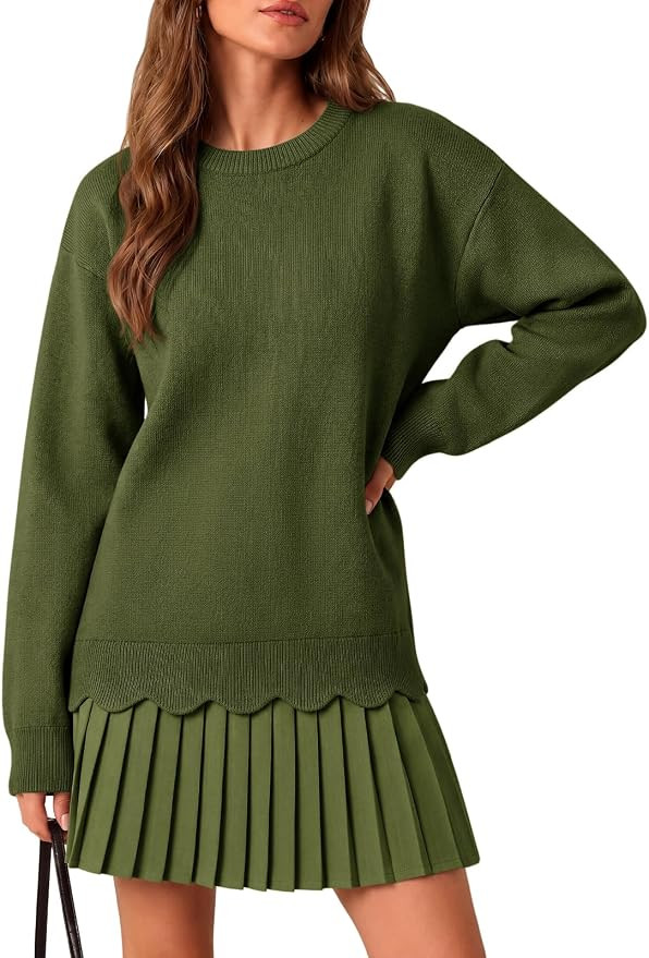 Saodimallsu Womens Pleated Sweater Dress Long Sleeve Crewneck Trendy Cute Loose Knit Fall Mini Dr... | Amazon (US)