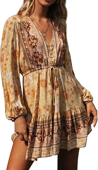 R.Vivimos Women's Cotton Long Sleeves V-Neck Button Up Floral Print Bohemian Flowy Mini Dress | Amazon (CA)