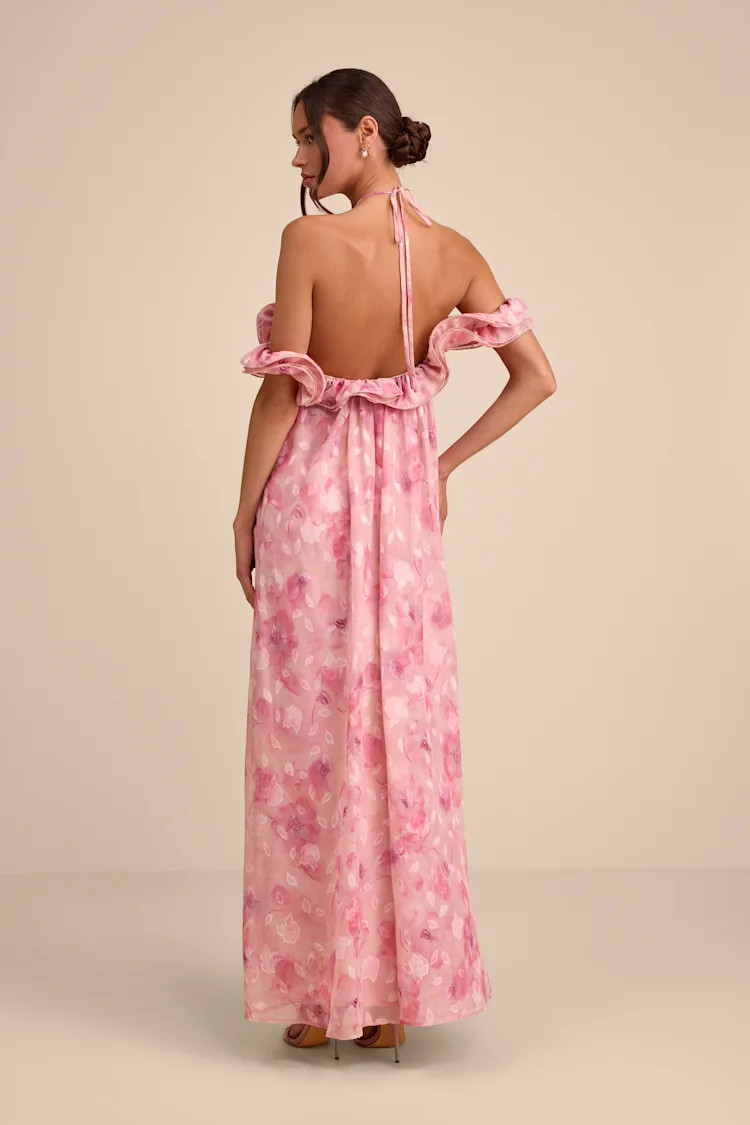 Amia Pink Floral Burnout Ruffled Shift Maxi Dress | Lulus