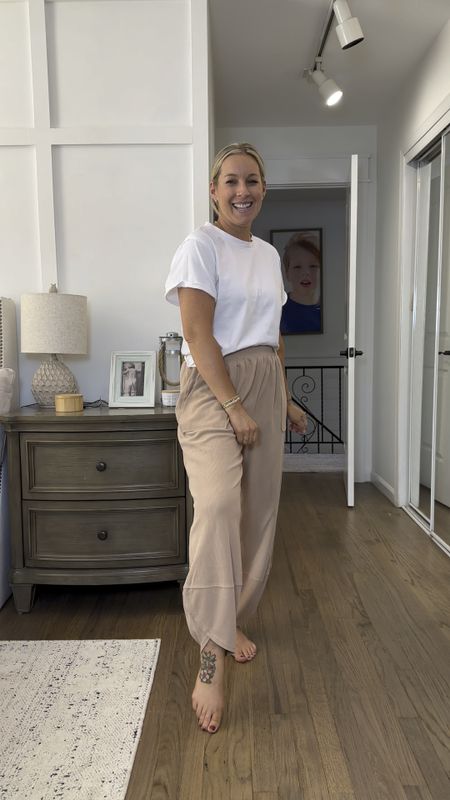 BUY THESE!!! I have the khaki and white and I love them so much! In my true size medium. They wash and dry beautifully and don’t shrink. I have a medium top as well. So stretchy and smooth. GRAY TEE IS LINKED IN PHOTO W/ PINK PANTS  

#LTKVideo #LTKMidsize #LTKStyleTip