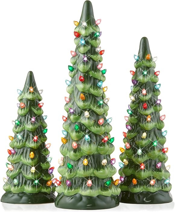 Casafield Set of 3 Hand Painted Ceramic Christmas Tree - Green Pre-Lit 8, 10, 12-Inch Trees with ... | Amazon (US)