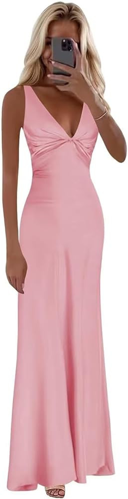 FUMY Women's Mermaid Halter Prom Dresses with Bow Backless Pleats Long Silk Satin Formal Evening ... | Amazon (US)