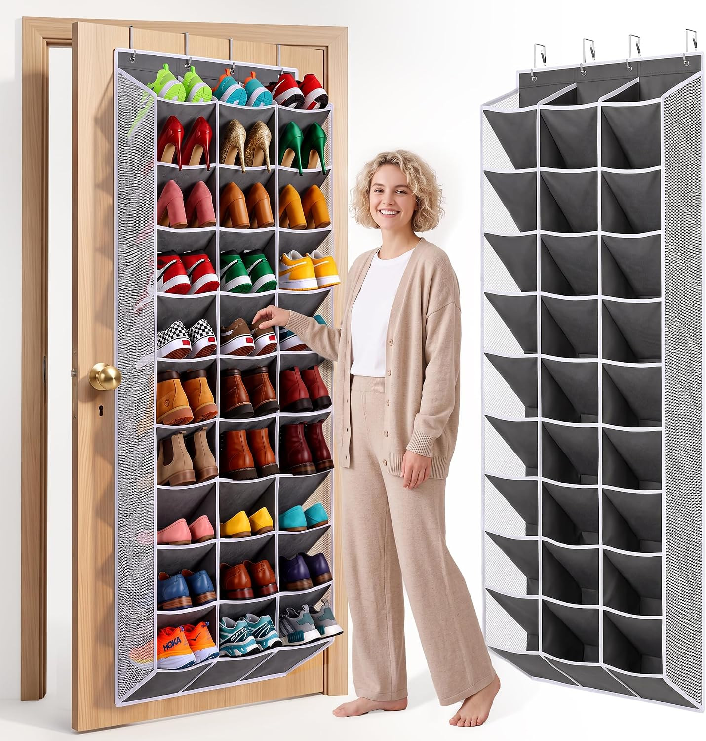 30-60 Pair Over Door Shoe Organizer, 26" Extra Wide Shoe Storage Rack(Grey) | Amazon (US)
