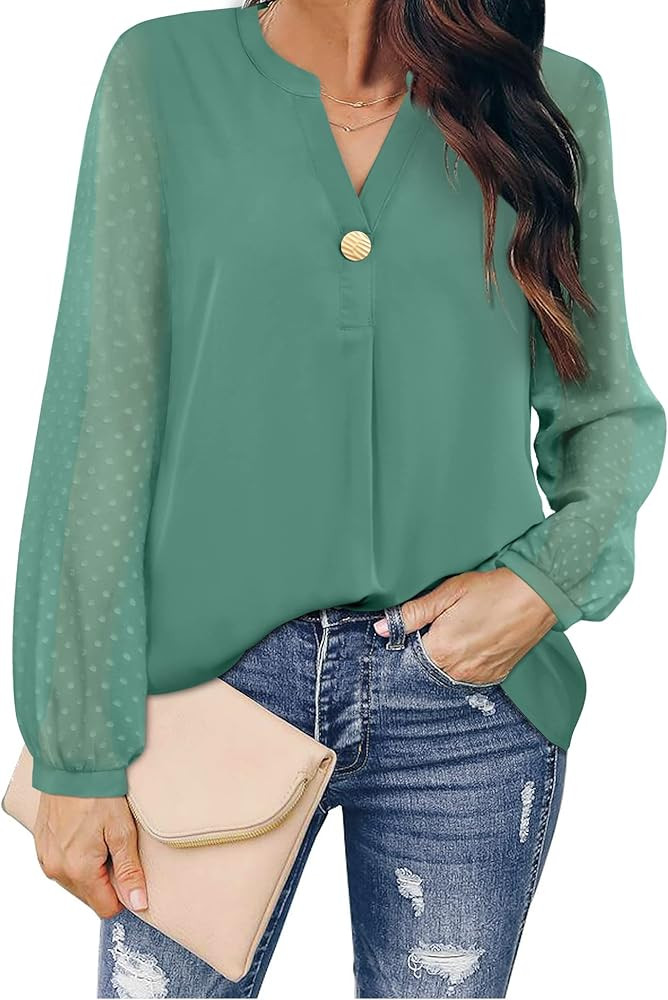 MCKOL Women's V Neck Chiffon Blouses for Work Casual Long Sleeve Shirt Tunic Tops | Amazon (US)