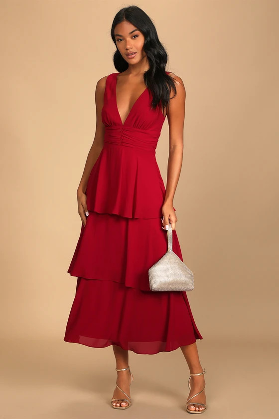 Celebration Time Red Sleeveless Tiered Midi Dress | Lulus