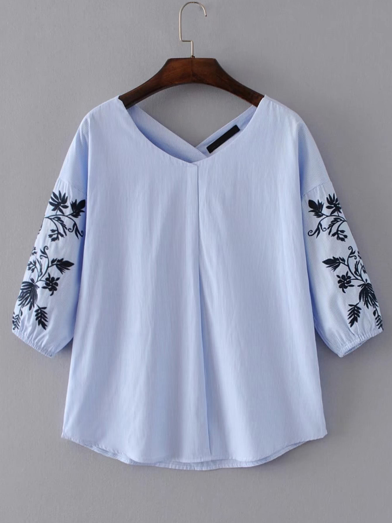 Drop Shoulder Seam Pinstripe Embroidery Blouse | SHEIN