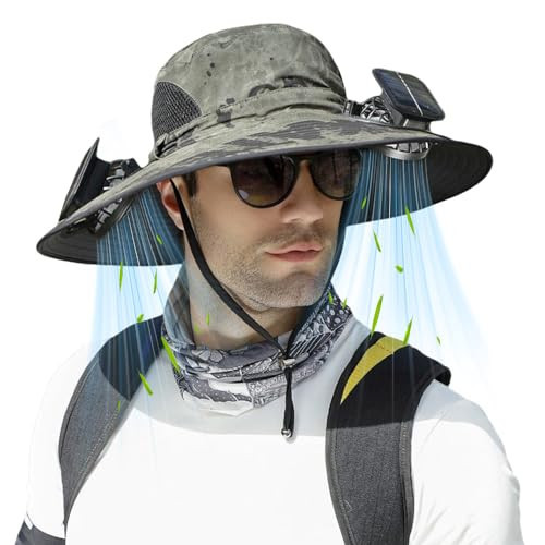 Solar Fan Hat for Men Women,Outdoor Fishing Wide Brim Sun Hat with Fans Built in Solar Power UPF 50+ Bucket Fishing & Beach (US, Alpha, One Size, Green Ink) | Amazon (US)