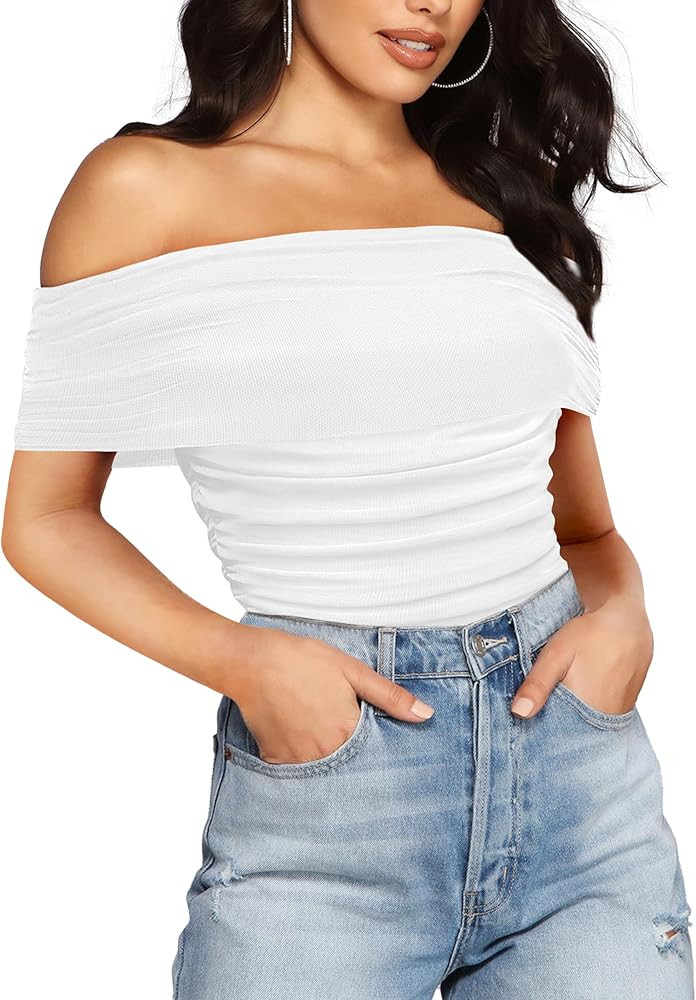 SAUNGKUAI Women's Off Shoulder Sleeveless Bodysuit Double Lined Shirts Leotard Mesh Ruched Thong ... | Amazon (US)