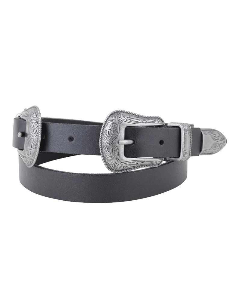 Western Double Buckle Leather Belt in Black | JAYNE
