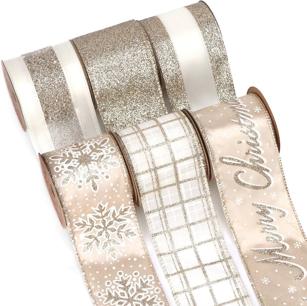 Ribbli Christmas Ribbon Wired Champagne Gold Christmas Tree Ribbon Snowflake Glitter Wired Ribbon... | Amazon (US)
