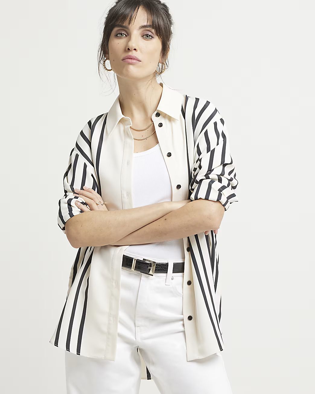 Cream stripe oversized long sleeve shirt | River Island (UK & IE)