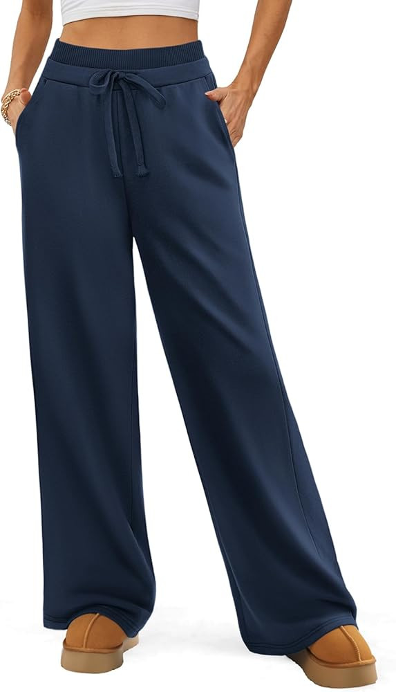 ATHMILE Women's Wide Leg Sweatpants Double Waisted Baggy Sweat Pants with Pockets Fashion Casual ... | Amazon (US)