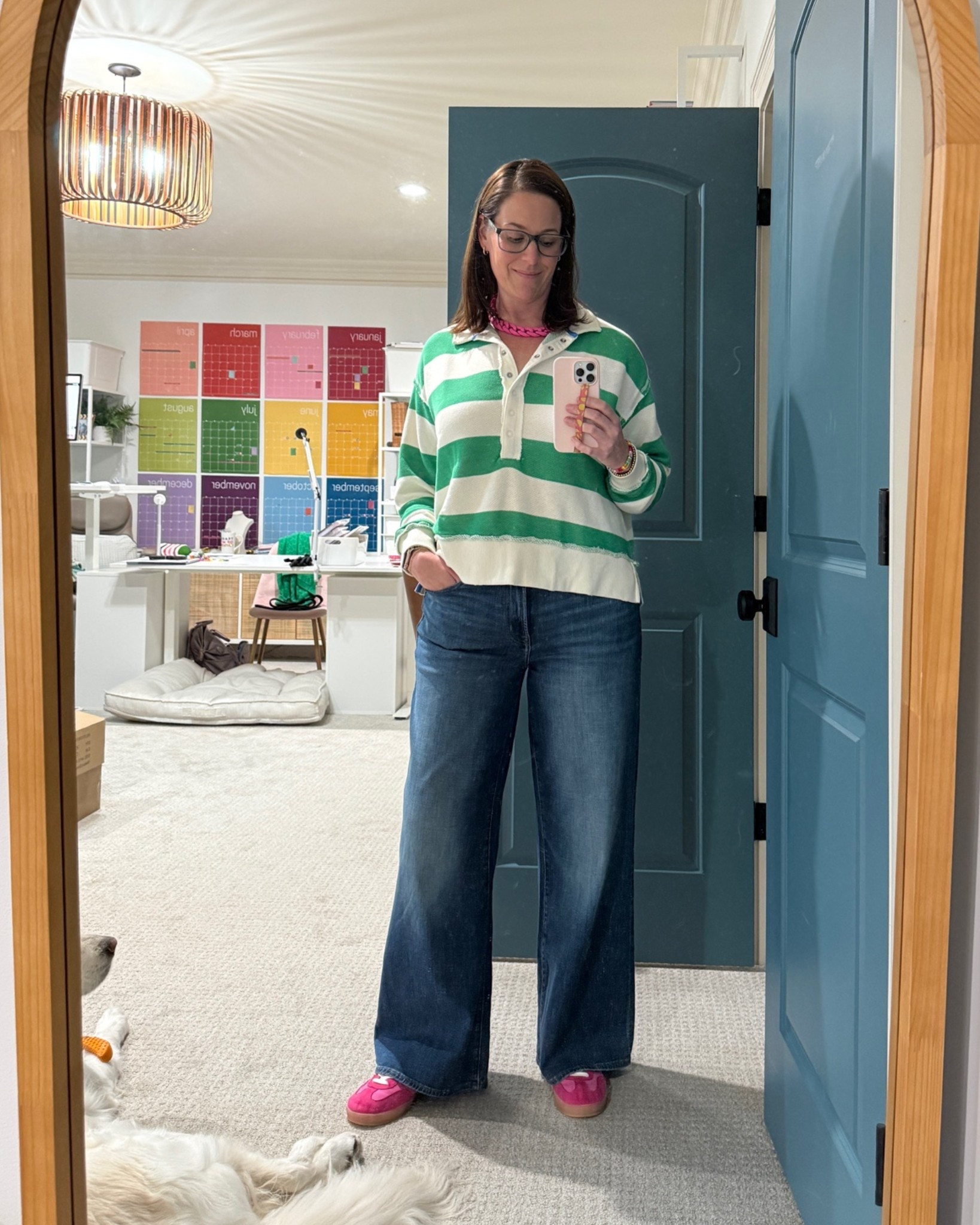 Fully embraced the first day of cooler weather today. Coziest sweatshirt. Favorite wide leg jeans. Pink sneakers just because. Necklace is on sale! ￼￼

#LTKootd #LTKOver40 #LTKMidsize