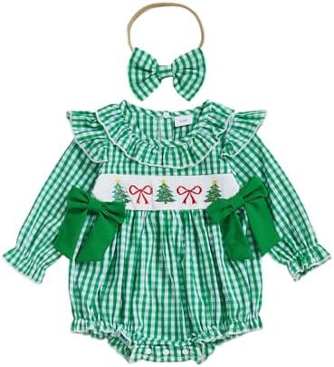 My First Christmas Baby Girl Outfit Newborn Santa Smocked Bubble Romper Christmas Tree Bodysuit C... | Amazon (US)