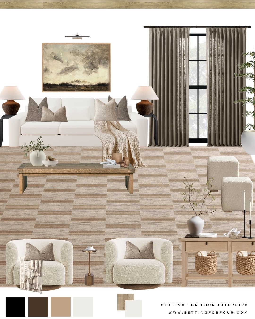 Organic modern living room great room mood board and decor ideas
Neutral, sofa, swivel chairs, rug, Loloi, amber interiors style, Nancy Meyers style, aesthetic, earthy, console table, vase, lamp, coffee table, end table, wall art

#LTKmomlife #LTKSaleAlert #LTKHome