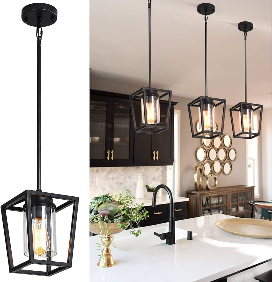 SGLfarmty 1-Light Black Pendant Lights Kitchen Island, Farmhouse Cage Metal Hanging Light Fixture... | Amazon (US)