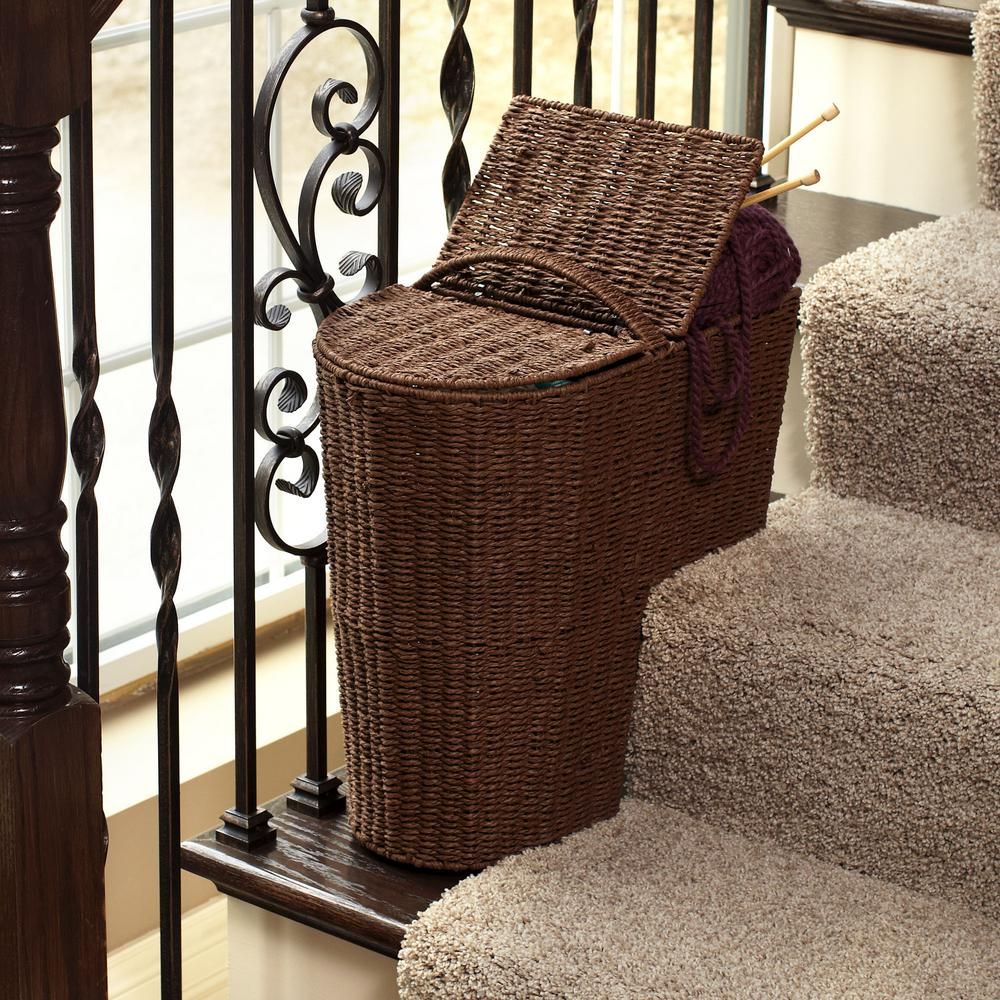Household Essentials Rich Brown Stained Paper Rope Stair Step Basket with Round Front and Lid | The Home Depot