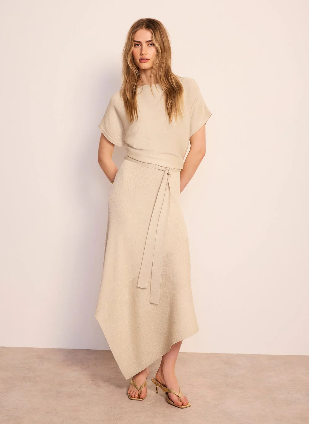 Neutral Metallic Asymmetric Knit Midi Dress | Mint Velvet