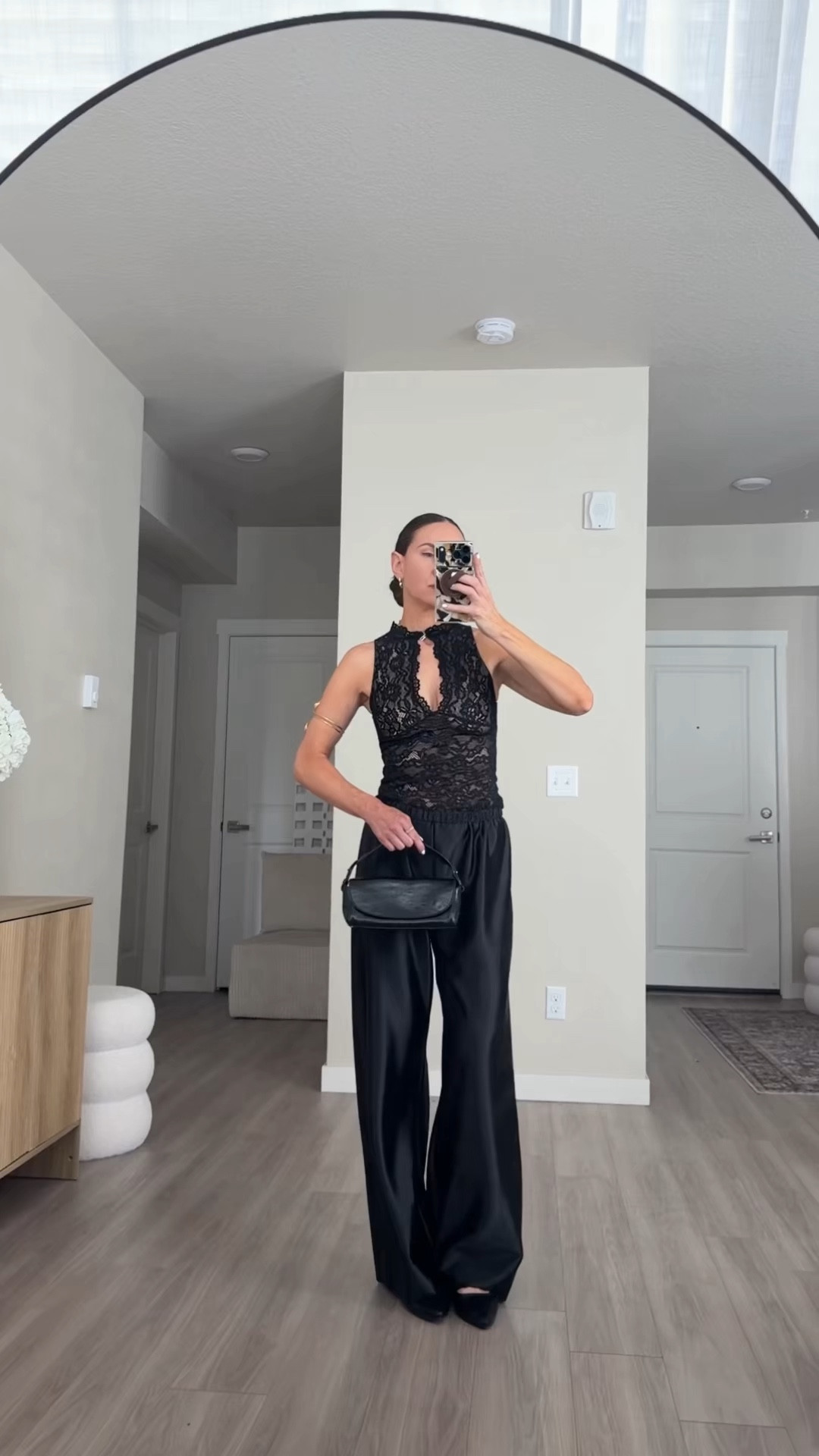 wearing small in lace top and satin pants




lace top,
satin pants, all black outfit, going out top 