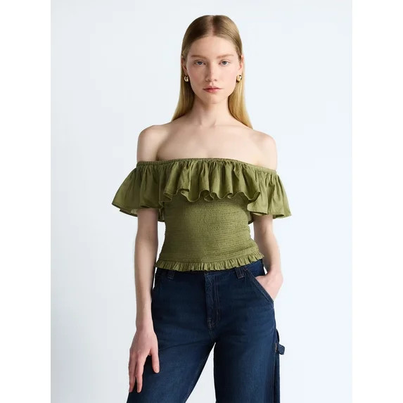 Scoop Women’s and Women’s Plus Off-the-Shoulder Smocked Ruffle Cotton Top, Sizes XS-4X | Walmart (US)