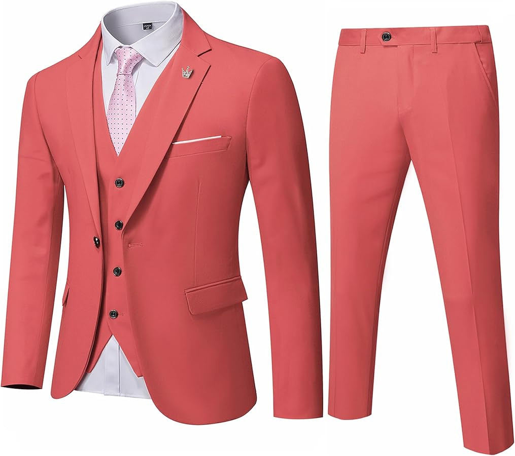 MYS Men's 3 Piece Slim Fit Suit Set, One Button Solid Jacket Vest Pants with Tie | Amazon (US)