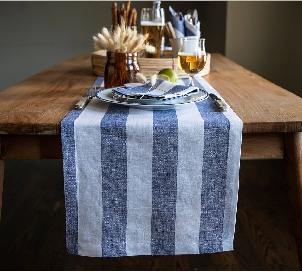 Solino Home Linen Stripe Table Runner 90 inches long – 100% Pure Linen Summer Navy and White Ta... | Amazon (US)