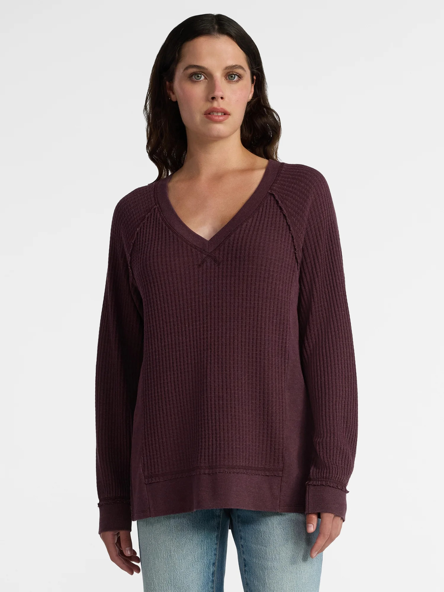 Time and Tru Women's Waffle Knit Tunic V-Neck Sweatshirt with Long Sleeves, Sizes XS-3XL - Walmar... | Walmart (US)