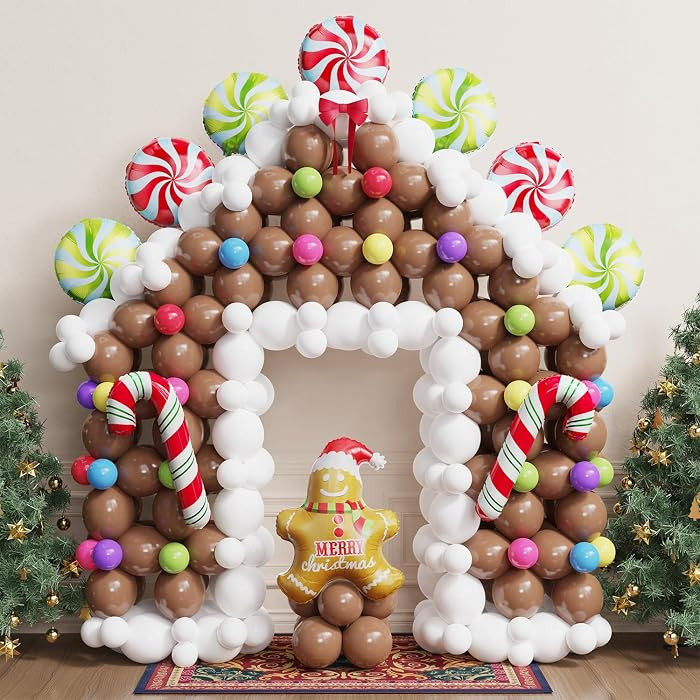 440 Pcs Christmas Gingerbread House Balloon Kit, Brown White Balloon Arch Garland with Lollipops,... | Amazon (US)