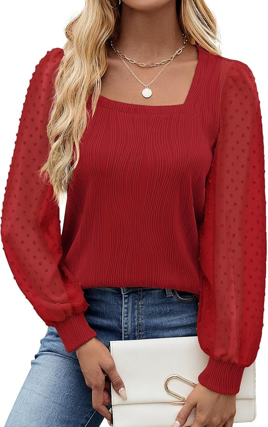 JUSTFASHIONNOW Fall Long Sleeve Shirts for Women Blouses Dressy Casual Square Neck Puff Sleeve To... | Amazon (US)