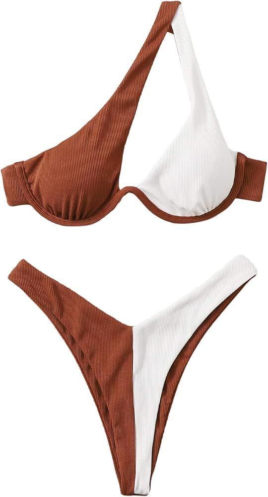 Verdusa Women's Colorblock One Shoulder Underwire Bathing Suit Bikini Swimsuit | Amazon (US)