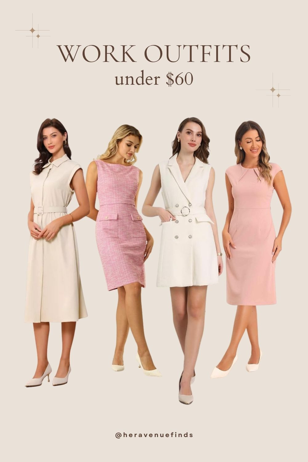 Work dresses that don't look like you tried too hard, or not hard enough, are genuinely hard to find. These are the ones that hold their shape through a full day, photograph well, and don't need a second layer to look intentional.
The cap sleeve sheath with the belted waist is the one to reach for when you want to look put together without overthinking it. Clean silhouette, knee length, structured enough for a meeting but not so stiff it feels like a costume. The tweed blazer-style dress with the lapel collar and double-breasted front reads like a whole outfit even though it's one piece, and the front pockets are real and actually usable. The sleeveless tweed sheath with the boat neck is the quieter option: midi length, pockets, a little stretch in the fabric, and the kind of classic shape that works under a blazer when the office runs cold. The collared button-down belted midi in apricot is for anyone who wants something that doesn't read "typical work dress".  The belted waist and button-front give it more of a polished, relaxed feel.
All four are under $60, and all four are the kind you can get dressed in without spending 20 minutes figuring out what goes with them.
 

 