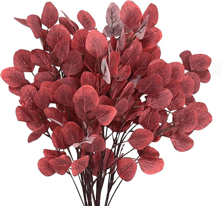 Artflower 6 Pcs Artificial Eucalyptus Stems Red Flowers Stems Tall Silver Dollar Eucalyptus Leave... | Amazon (US)