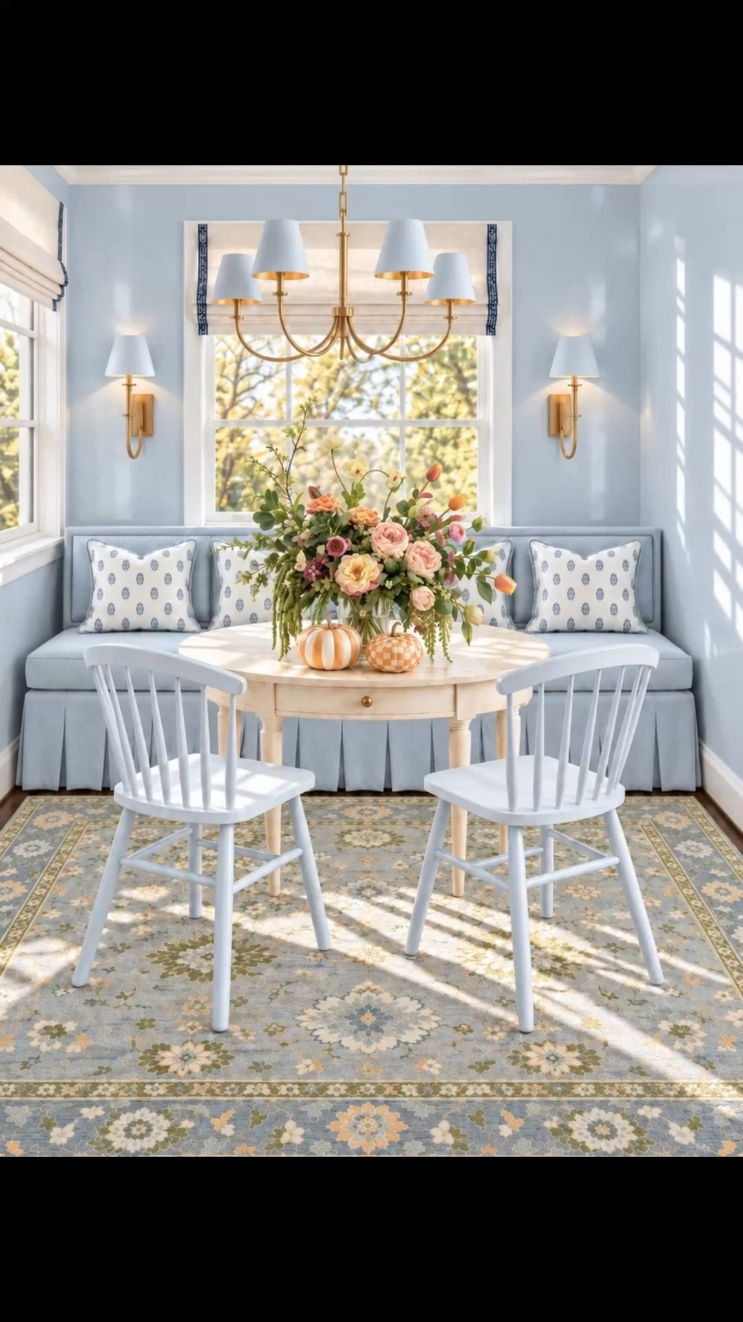 From sunlit mornings to softly glowing evenings! ✨🥂🍂 This coastal chic dining nook transforms beautifully from day to night.

I love how the elegant brass chandelier and matching wall sconces bring a warm, romantic glow to the space as daylight fades. Soft powder blue, paired with touches of burgundy, peach, and orange, creates a fresh yet cozy take on fall decor.

The saltwashed oak dining table, tailored skirted bench with contrast piping, and hand-knotted floral rug add timeless sophistication, while playful pumpkins and an organic flower arrangement bring seasonal charm.

A charming spot for morning coffee, afternoon tea, or an intimate dinner by the glow of the lights. ✨

Shop the look on my LTK!

🍂 Serena & Lily Fall Design Event: Enjoy 20% off everything, or 25% off + FREE shipping on orders of $2,500 or more! Some exclusions apply.

#LTKHome #LTKSeasonal #LTKSaleAlert #CoastalChic #CoastalFallDecor #FallDecor #DayToNight #DiningNook #KitchenNook #BreakfastNook #CoastalInteriors #FallHomeDecor #DiningRoomDesign #DiningTable #ExpandableDiningTable #SkirtedBench #HandKnottedRug #Chandelier #WallSconces #AmbientLighting #LayeredLighting #RomanShades #ThrowPillows #FlowerArrangement #PumpkinDecor #ModernClassic #CozyInteriors #InteriorDesign #HomeDecor