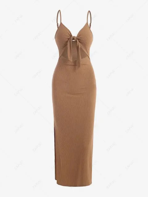 Ribbed Knot Cutout Split Side Slinky Maxi Dress - Coffee M | ZAFUL (Global)
