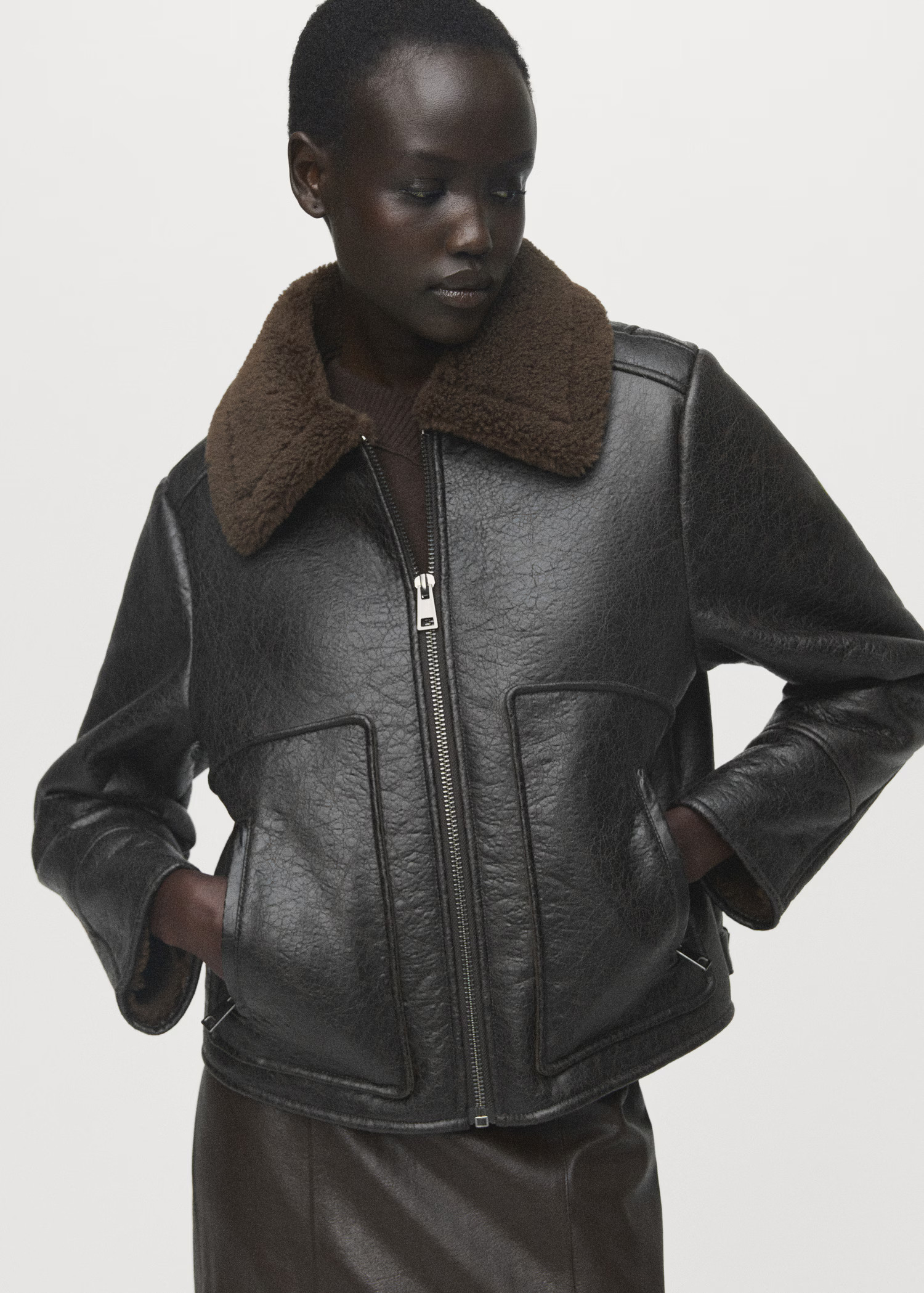 Faux-leather jacket with shearling collar | Mango (US/MX/AU)