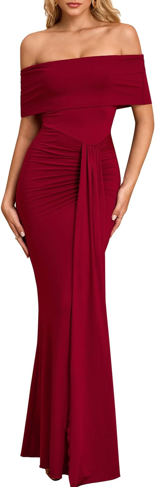Off The Shoulder Formal Maxi Dress Fall Wedding Guest Ruched Bodycon Cocktail Party Dresses for W... | Amazon (US)