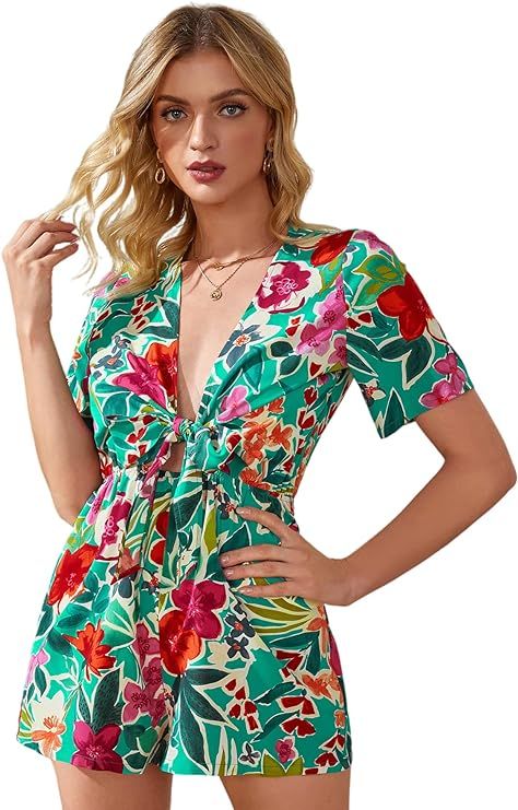 SheIn Women's Tropical Print Tie Front Romper Deep V Neck Short Sleeve Jumpsuit Playsuit | Amazon (US)