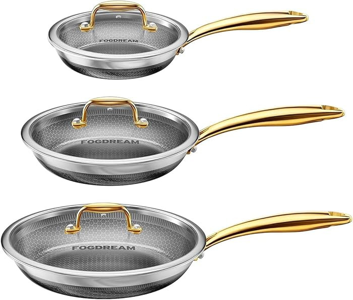 FogDream 8,10,12" Stainless Steel Frying Pan with Lid, Honeycomb Hybrid Nonstick Skillet for Indu... | Amazon (US)
