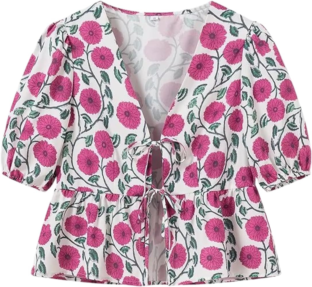 Gihuo Womens Tie Front Floral T-Shirt Cute V Neck Ruffle Hem Short Sleeve Summer Cropped Shirt To... | Amazon (US)